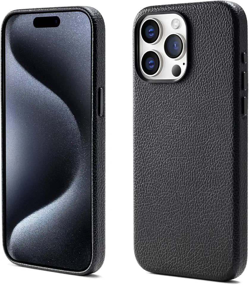 Capinha Premium de Couro Anti Impacto – Compatível com Modelos de iPhone (Carregamento Sem Fio Magnético)，À Prova d’Água e Poeira, Botões de Metal e Proteção da Câmera (preto, iPhone 14 Pro)