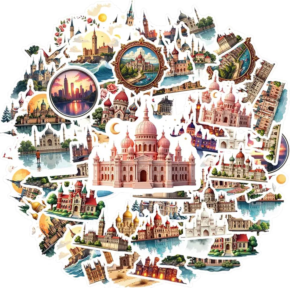 35 peças de arquitetura marco castelo palácio histórico adesivos de PVC adesivos artísticos de papelaria para telefone faça você mesmo, laptop, scrapbook, bicicleta, laptop, motocicleta, bagagem