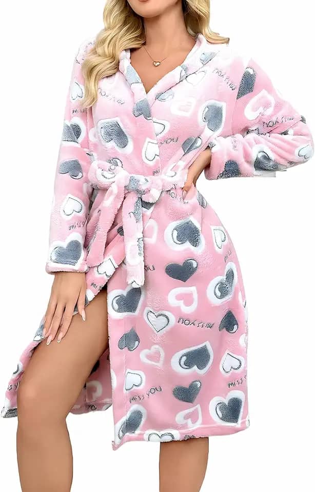 Roupão feminino de lã com capuz, roupão curto de pelúcia macio e quente para spa