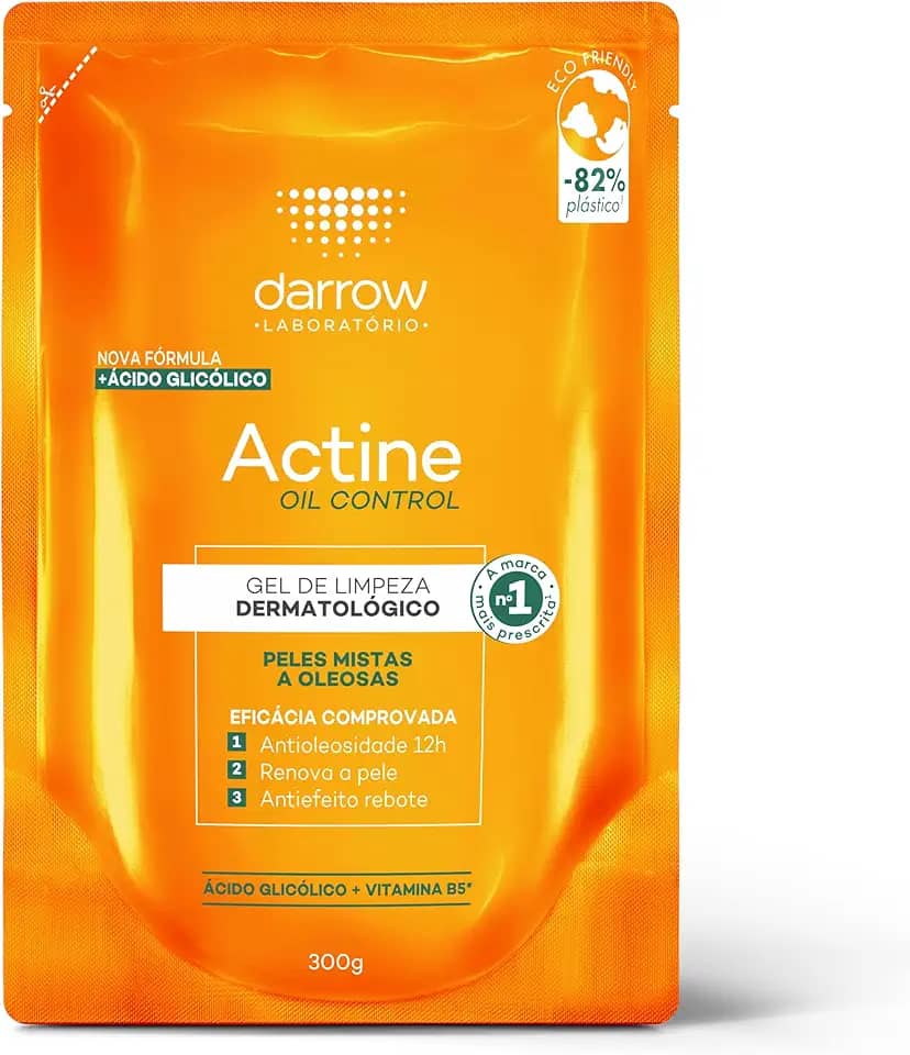 Darrow Actine Oil Control Gel de Limpeza Dermatológico Facial com Ácido Glicólico e Vitamina B5 para Controle da Oleosidade, Pele Matificada Sem Efeito Rebote e Poros Desobstruídos, 300g, Refil