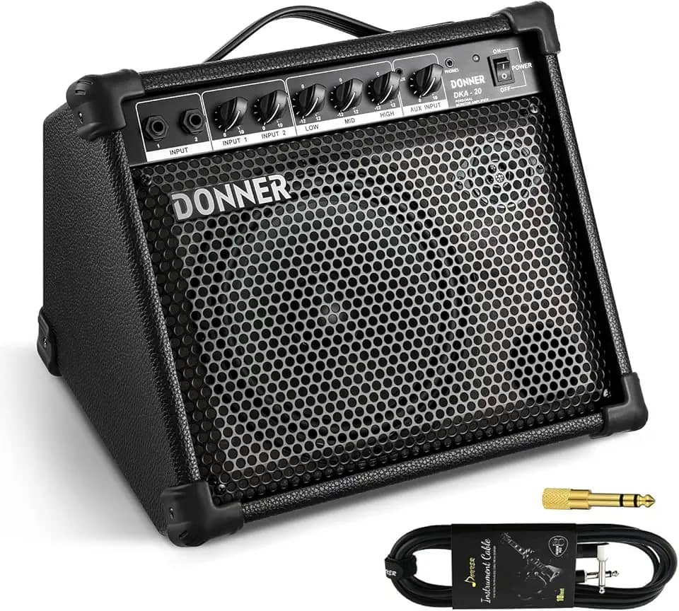 Donner DKA-20 Keyboard Amplifier 20 Watt Keyboard AMP with Aux in and Two Channels, Bass Guitar Amp, Piano Amplifier, Electronic Drum Speaker Support for Microphone Input