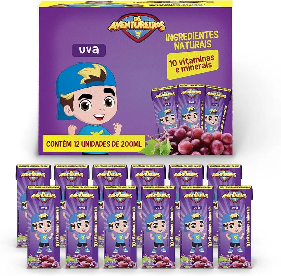 AVENTUREIROS - Néctar de Uva em Caixinha - Sem Ingredientes Artificiais, Sem Glúten - Contém 10 Vitaminas e Minerais, Ingredientes Naturais - Vegano - Pack 12 x 200ml