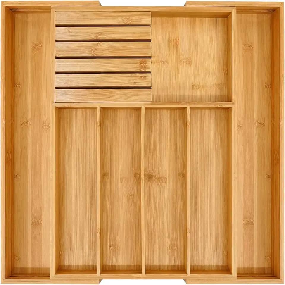 Porta talheres de bambu – Organizador de gaveta para utensílios e talheres, ajustável, até 7 divisórias, porta facas removível - Porta Talher para Cozinha