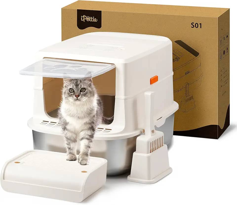 iPettie S01 Caixa de areia grande de aço inoxidável 20L, filtro de carvão à prova de cheiro que reduz o odor, caixa de areia fechada com colher de areia para gatos, fácil de limpar, caixa de areia de