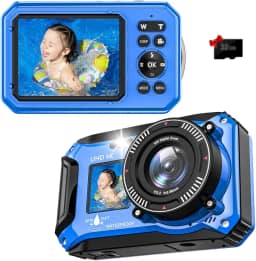 Câmera digital subaquática UHD 4K 56MP 33FT para mergulho com cartão de 32 GB, tela dupla, compacta, à prova d'água, à prova de poeira, flutuante, ponto de foco automático e bateria digital de 1500