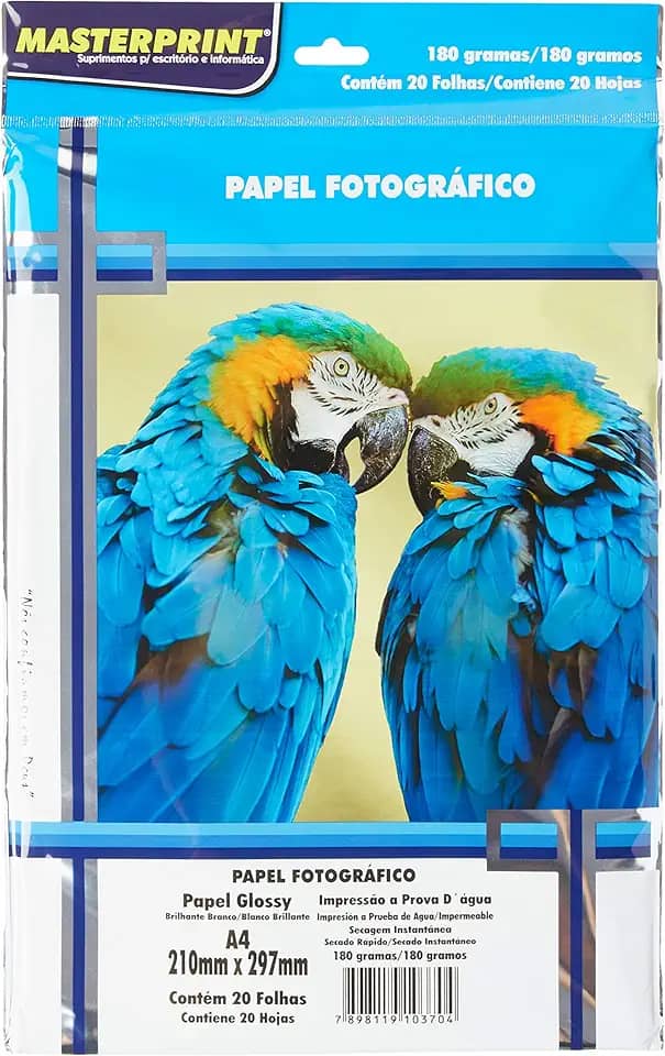 Papel Fotográfico, Inkjet, Glossy, 180g, Masterprint, Multicor, A4, Pacote de 20