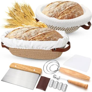 Honeydak Kit para iniciantes de fermento de pão Sourdough com cestas redondas de 23 cm e ovais de 25,4 cm à prova de pão com forros de linho, lame, batedor de massa, raspador, capas de algodão