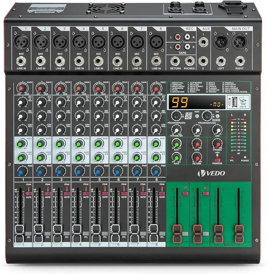 Mesa de Som Amplificada de 8 Canais com 99 Efeitos DSP, Amplificador de 500W×2, Bluetooth, USB/MP3, Phantom Power de 48V, EQ de 5 Bandas - Mesa de Mixagem Profissional