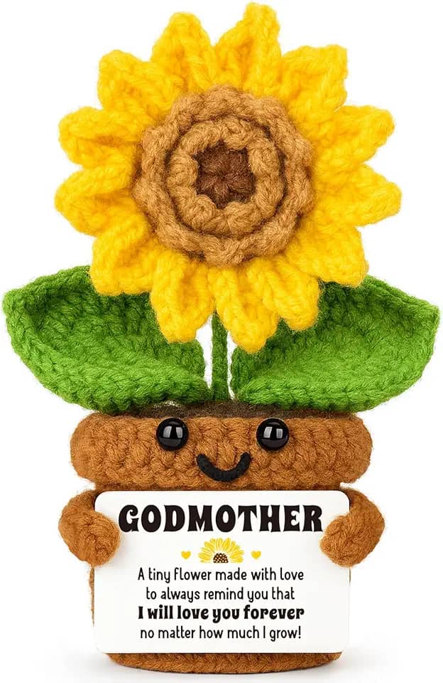 Presente de madrinha do afilhado, presentes de Deus Mãe para mulheres, Best Godmother Ever Christmas Happy Birthday Ideias para o Dia das Mães, Girassol de crochê exclusivo engraçado feito à mão