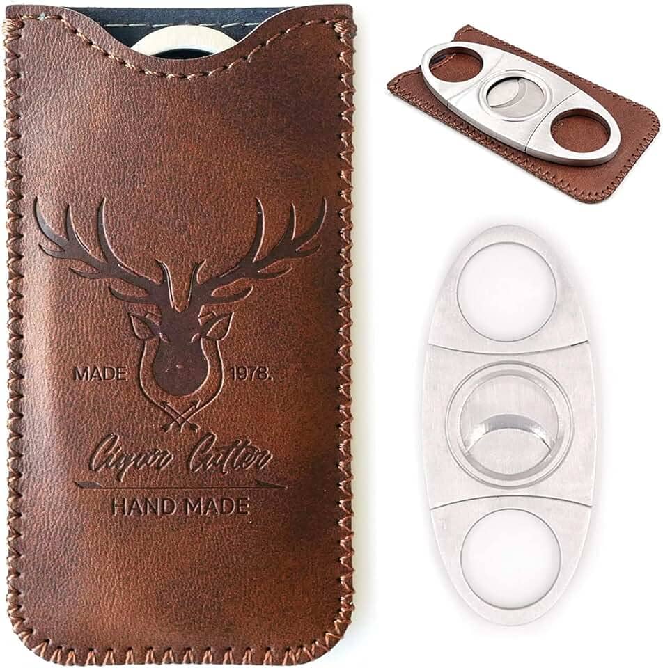 Cortador de charuto de aço inoxidável com capa de couro, lâmina dupla para um corte perfeito preciso, Brown Deer