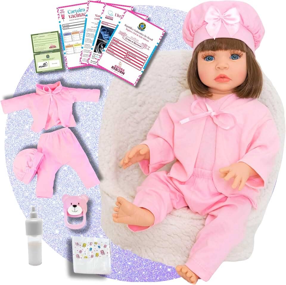 Boneca Bebê Reborn Menina Realista em Silicone com Roupinha e Acessórios Inclusos 45 cm (Roupa Rosa)