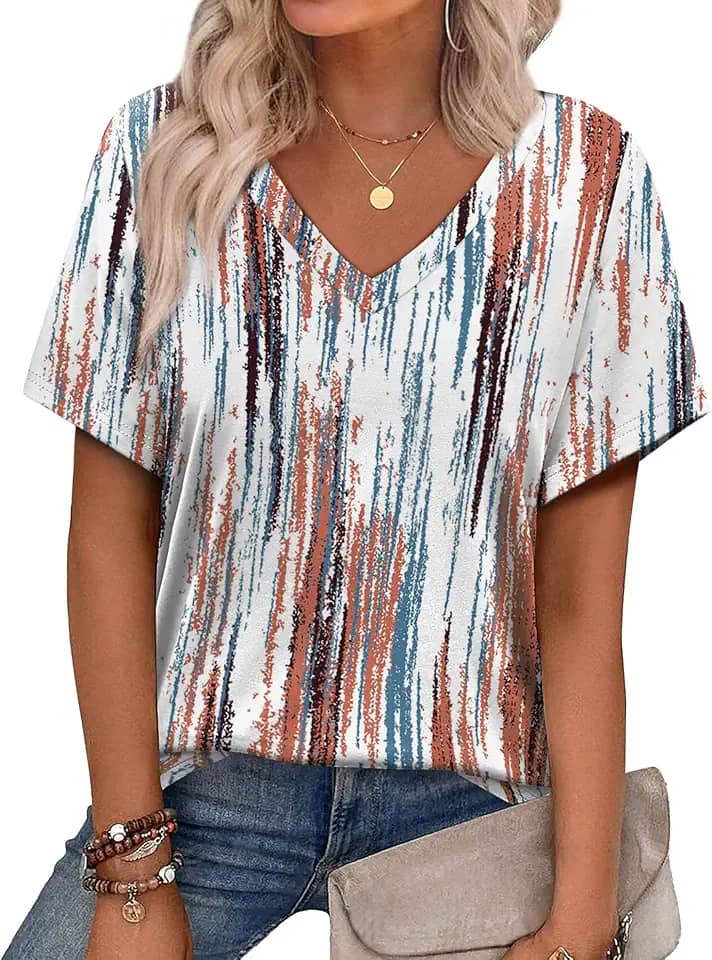Camisetas femininas de verão 2025 gola V manga curta roupas modernas elegantes casuais de férias estampadas
