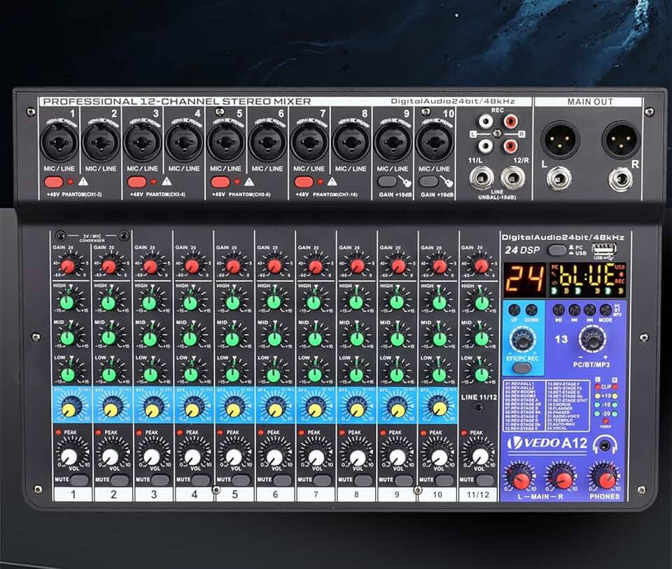 mesa de som，teyun/vedo A12 12 canais digital/número profissional portátil com reverb bluetooth usb interface audio/áudio mixer