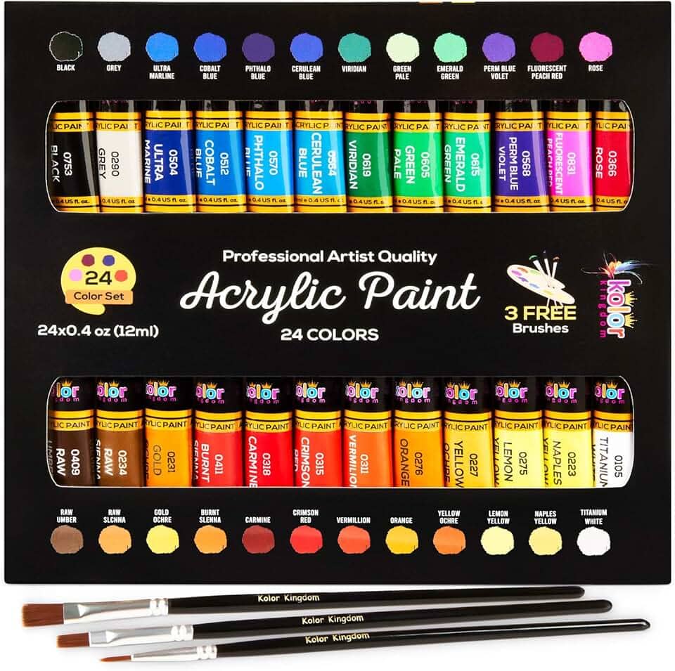Conjunto de tintas acrílicas para pintura em tela, 24 cores, acabamento perfeito (11,6 g, 12 ml) com 3 pincéis - Tela, papel, madeira, pedra, MDF, cerâmica e tecido