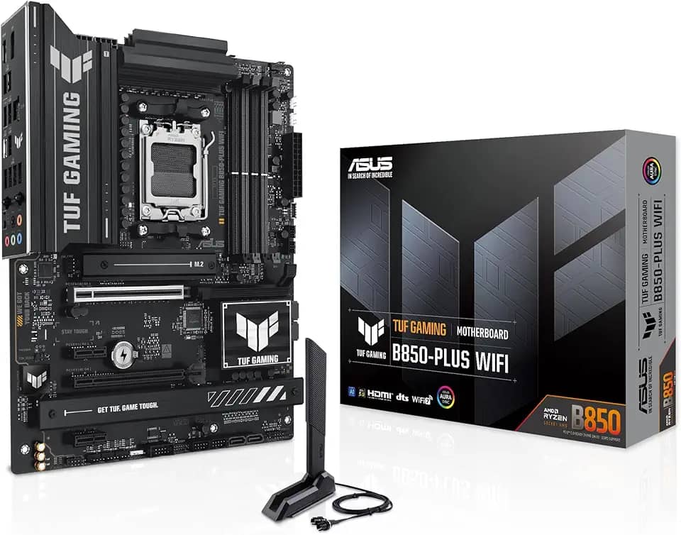 ASUS Placa-mãe TUF Gaming B850-PLUS WiFi AMD AM5 B850 ATX, 14+2+1 estágios 80A, AI Ready, DDR5, PCIe 5.0, 3X M.2, Wi-Fi 7, 2.5Gb LAN, DisplayPort, HDMI™, USB 10Gbps e 20Gbps Type-C®, BIOS Flashback™