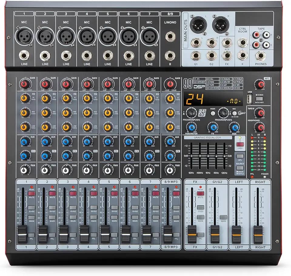Mesa de Som Amplificada de 9 Canais com 99 Efeitos DSP, Amplificador de 500W×2, Bluetooth, USB/MP3, Phantom Power de 48V, EQ de 5 Bandas - Mesa de Mixagem Profissional (127V)
