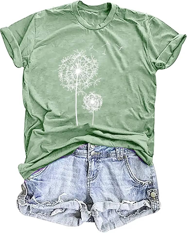 Camiseta feminina de dente-de-leão com estampa de flores silvestres de manga curta com estampa de flores de verão