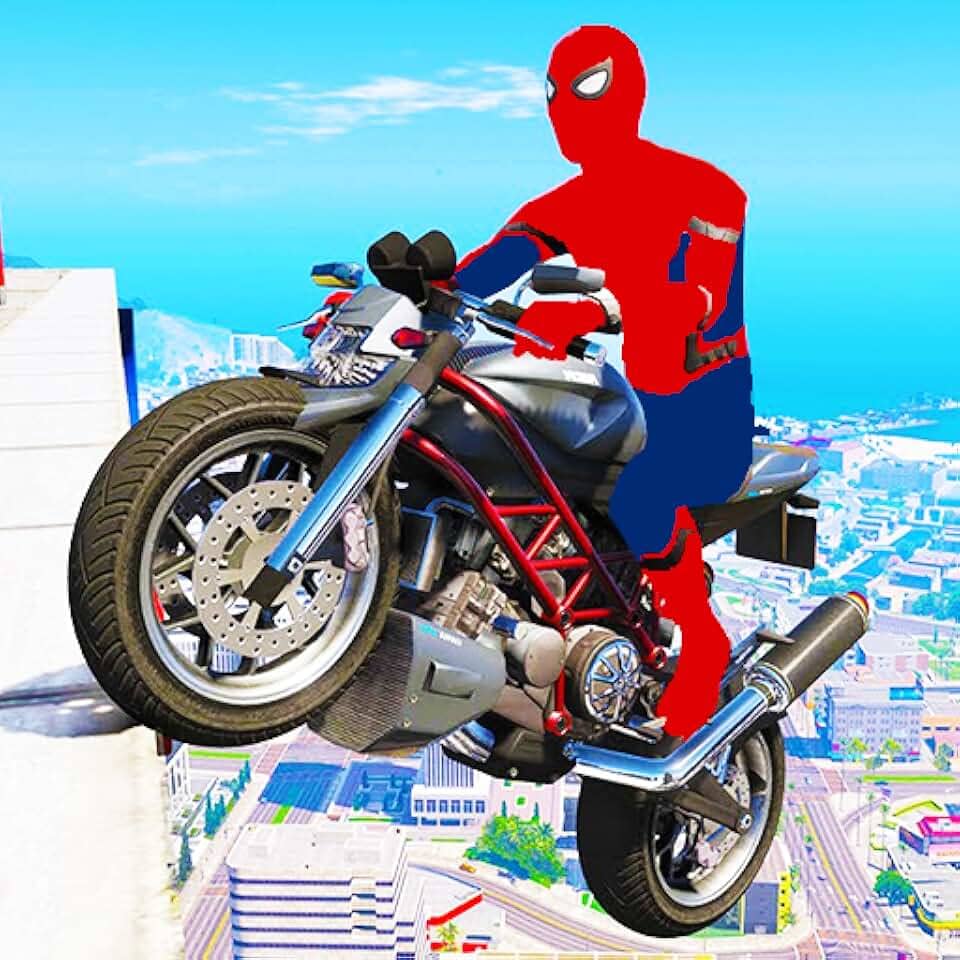 Jogos de corrida de motos de super-heróis para crianças, jogos de corrida de motos do Homem-Aranha, jogos de acrobacias de moto em mega rampas gratuitos e jogos infantis.
