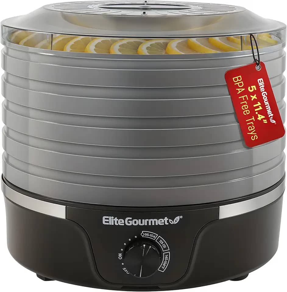 Elite Gourmet EFD319BNG Desidratador de alimentos, 5 bandejas livres de BPA de 29 cm, controles de temperatura ajustáveis, seda, ervas, frutas, vegetais, lanches secos, preto e cinza