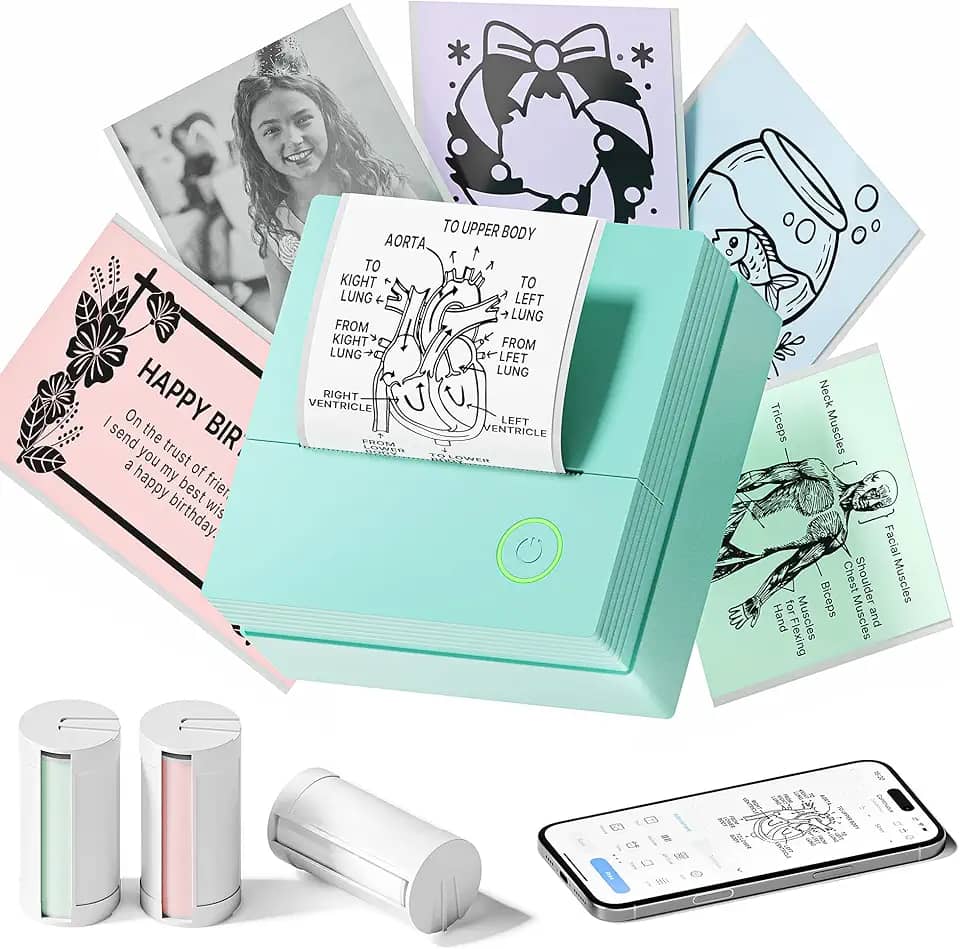 Impressora de adesivos, mini impressora PM290, máquina de fazer adesivos Bluetooth com 3 rolos de papel, cápsula de impressão portátil para notas de estudo, diário, listas, imagens, presentes