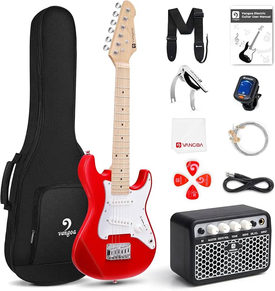 Guitarra elétrica infantil Vangoa 76 cm para iniciantes kit para jovens jogadores com amplificador, bolsa, alça, cordas extras, capo, afinador, palhetas, cabo (vermelho)