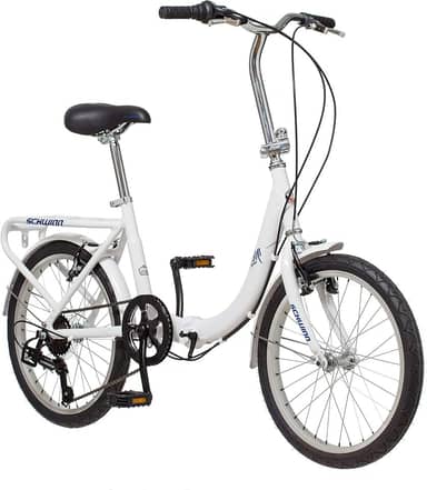 Schwinn Bicicleta dobrável, preta, titânio ou branca, bicicleta de 50 cm para adultos e crianças, 7 velocidades, estrutura dobrável de alumínio leve, suporte traseiro integrado, freios lineares