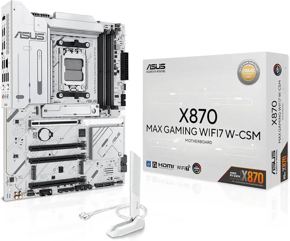 ASUS Placa mãe X870 MAX GAMING WIFI7 W AMD AM5 ATX, PCB branco de 8 camadas, 12+2+1 80A DrMOS, DDR5, PCIe 5.0 x16 Q-Release, 3x M.2, Wi-Fi 7 Q-Antenna, USB4® Type-C®, LAN 2,5 GB, BIOS FlashBack™, Aura