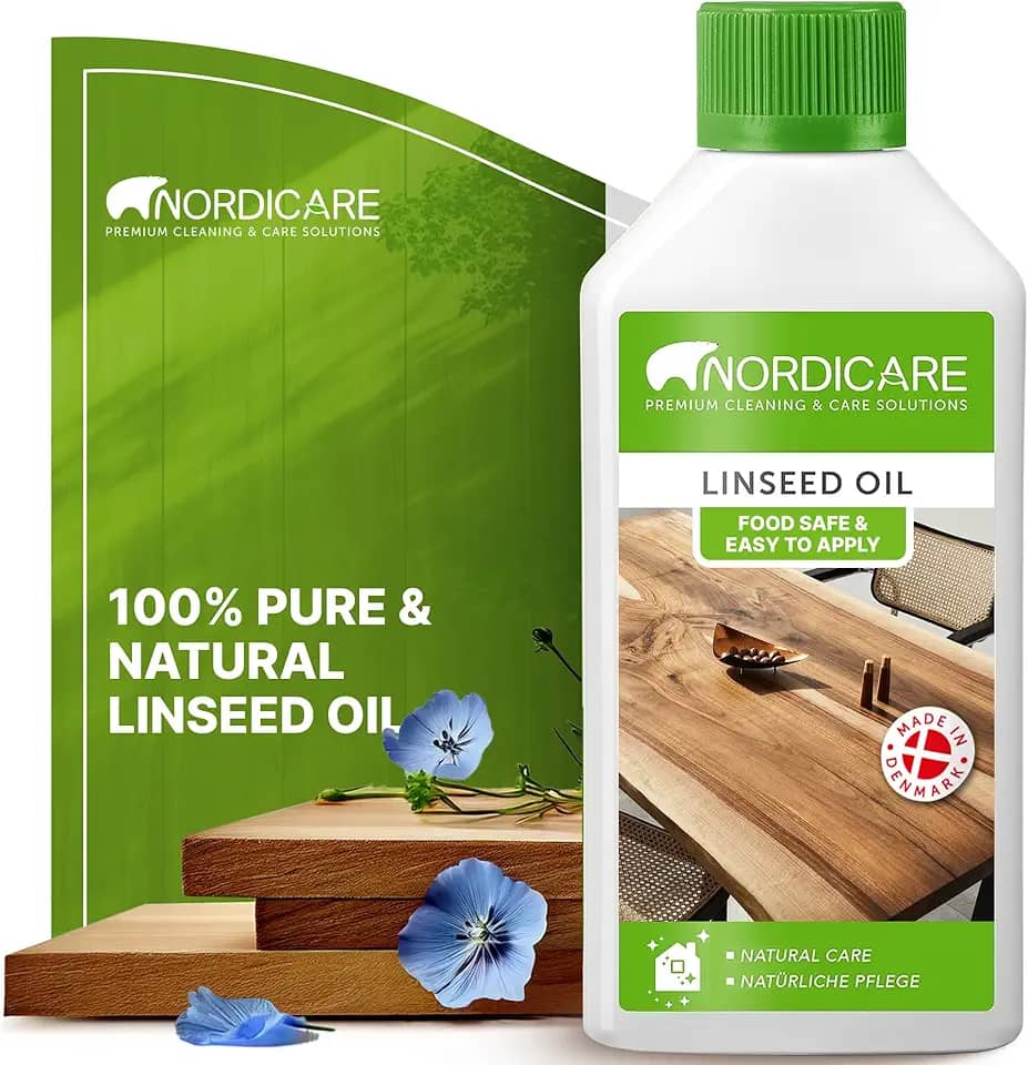 Nordicare Óleo de linhaça para madeira - Óleo de linhaça 100% puro e natural para toda a área interna - Óleo de linhaça cru seguro para alimentos para móveis de madeira - Sublinha a estrutura original