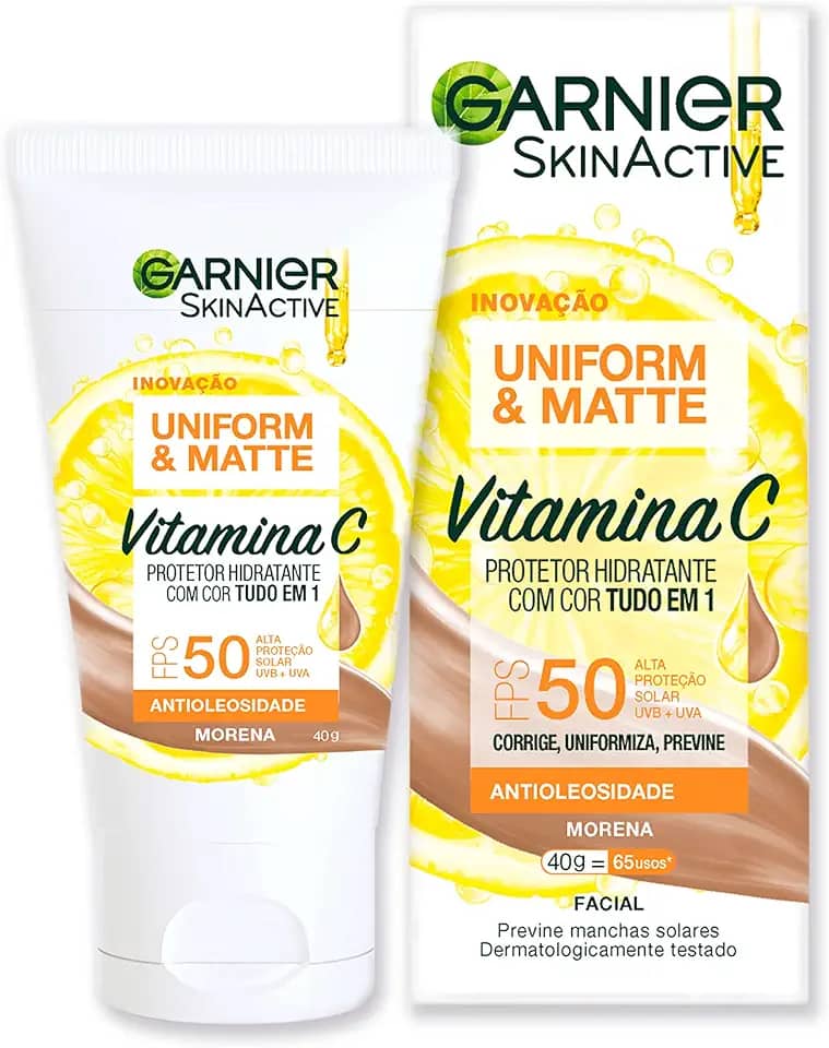 Garnier Uniform & Matte Protetor Solar Hidratante com Vitamina C, Efeito Matte Antioleosidade, Previne Manchas e Corrige o Tom da Pele, Tecnologia Camaleão, Cor Morena, 40g