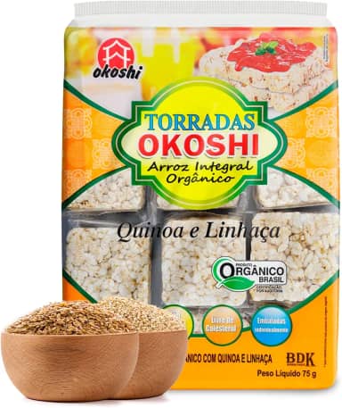 OKOSHI - Torrada de Arroz Integral Orgânico Quinoa e Linhaça - Bolacha de arroz, Snacks Fit de Baixa Caloria - Vegano, Sem Açúcar, Baixo Sódio, Sem Glúten, Sem Lactose, Sem Gordura Trans, Kosher - 75g