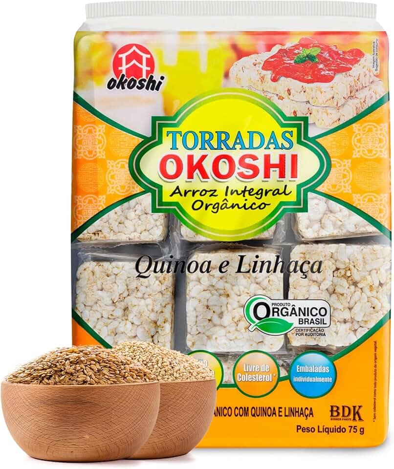 OKOSHI - Torrada de Arroz Integral Orgânico Quinoa e Linhaça - Bolacha de arroz, Snacks Fit de Baixa Caloria - Vegano, Sem Açúcar, Baixo Sódio, Sem Glúten, Sem Lactose, Sem Gordura Trans, Kosher - 75g