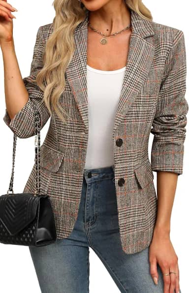 Blazer feminino com gola de lapela xadrez com 2 botões para namorado, jaqueta blazer Houndstooth para trabalho e escritório