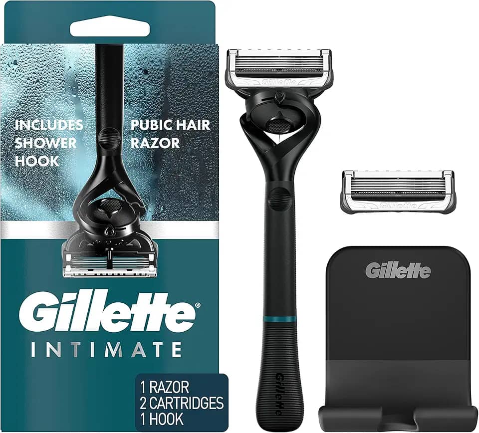 Gillette Navalha íntima para homens, barbeadores pubianos masculinos para paisagem, suave e fácil de usar, projetado para pelos pubianos, 1 alça, 2 refis de lâmina