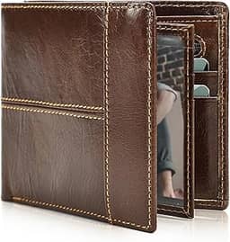 Carteira vertical masculina de couro dobrável RFID com capacidade extra grande com 16 compartimentos e janela para identidade