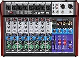 VEDO Mesa de Mistura CT8 Profissional de 8 Canais com Equalizador de 3 Bandas, 24 Efeitos DSP, Bluetooth 5.0, Reprodução/Gravação USB, Alimentação Phantom 48V para Som ao Vivo, Estúdio, Karaokê
