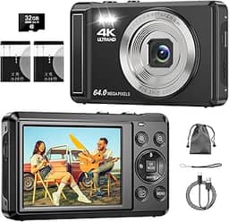 Câmera Digital 4K 64MP, Zoom 16X, Foco Automático,Tela IPS de 2.8 Polegadas para fotografia, Flash, Cartão SD de 32GB, Câmera Compacta,para Crianças e Adolescentes, Câmera Fotográfica para Vlog