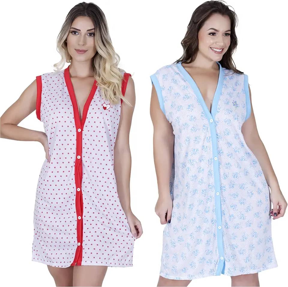 kit 2 Camisola sem manga regata de botão abre fácil amamentação gestante idoso