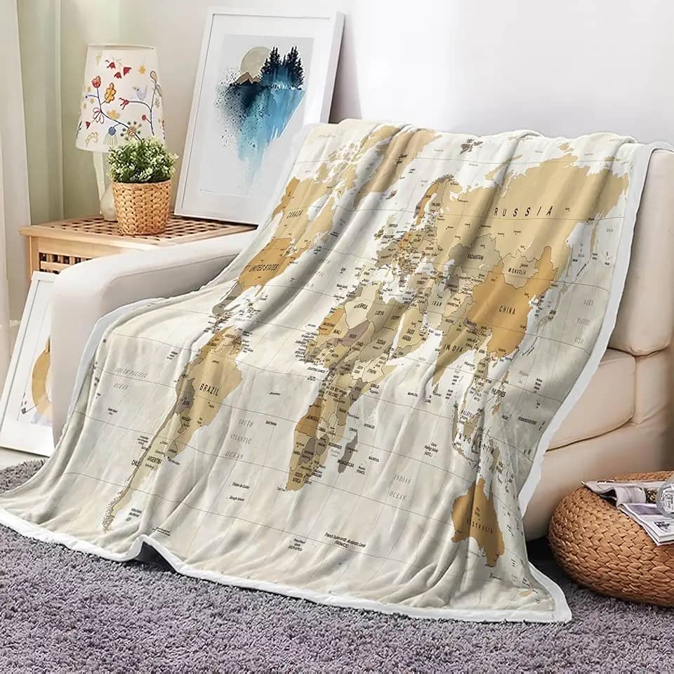Mapa do mundo cobertor de lã para sofá, mapa do mundo topografia vintage educacional universitária crianças cama viagem acampamento cobertores, mapa geográfico mantas e cobertores, 50x60in (multi6)