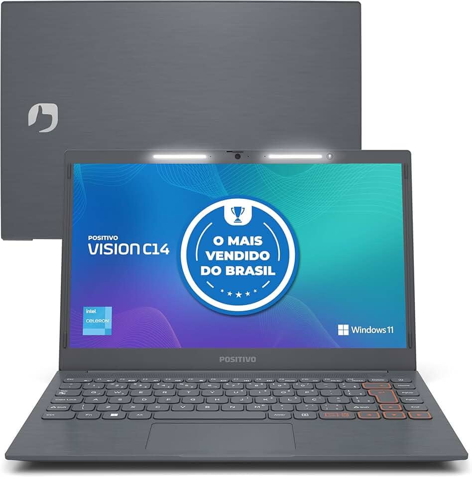 Notebook Positivo Vision C14 Celeron 4GB 128GB eMMC, Windows 11 Home, Lumina Bar, Tela 14" HD Antirreflexo, Tecla Link – Cinza