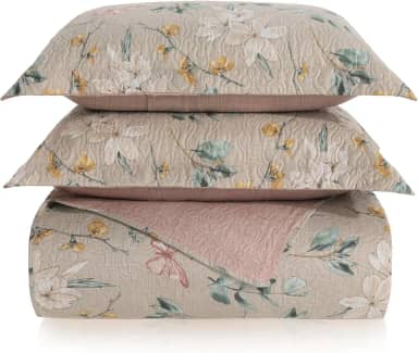 Kit Cobre Leito Colcha Boutis 3 Peças Matelado Ultrassônico Estampado Dupla Face Porta Travesseiro Aba Americana Micro Percal 150 Fios (Isabel Areia, Casal)