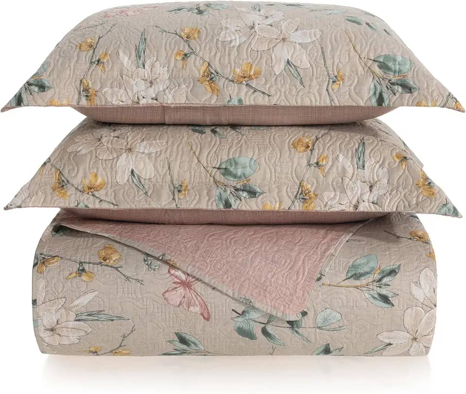 Kit Cobre Leito Colcha Boutis 3 Peças Matelado Ultrassônico Estampado Dupla Face Porta Travesseiro Aba Americana Micro Percal 150 Fios (Isabel Areia, Casal)