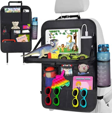 Organizador de banco traseiro de carro, organizador de armazenamento com bandeja de mesa dobrável e suporte para tablet, 11 bolsos de armazenamento, protetor de assento traseiro para crianças
