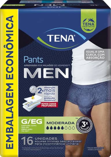Tena Pants Men, Cueca Descartável para Incontinência Urinária, Azul Marinho, G/EG - 16 unidades