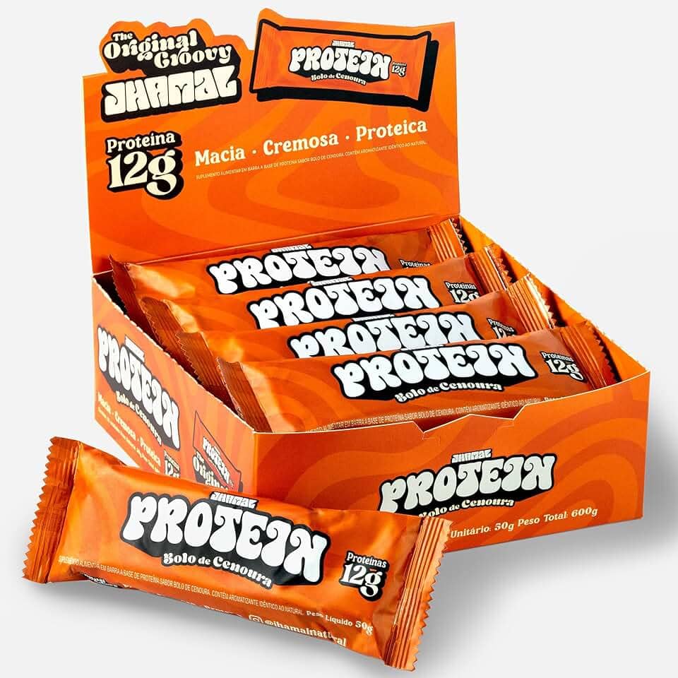 JHAMAL Barra de Proteína Vegan Bolo de Cenoura - Cremosa, Rica em Proteínas, Saudável - Vegana - Sem Glúten, Sem Adição de Açúcar, Sem OGM - Caixa com 12 un, 600g