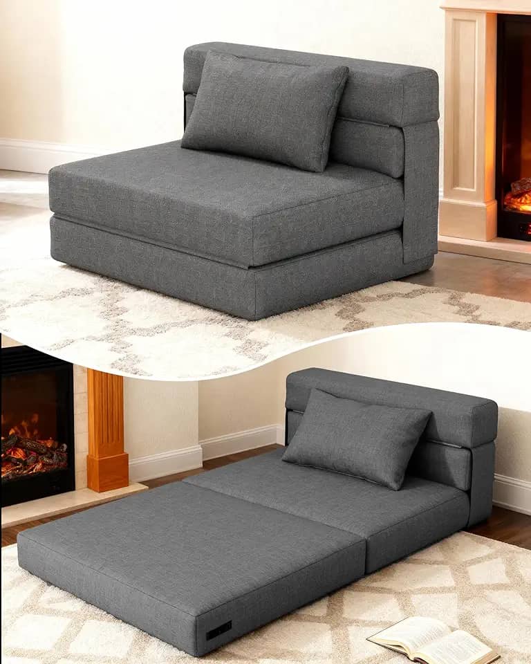 KINGYES Sofá-cama dobrável 4 em 1, cadeira de dormir dobrável moderna com almofada traseira, cadeira conversível para adultos, cinza