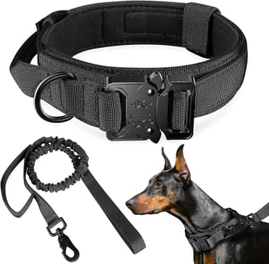 Coleira e guia táticas para cães, coleira de nylon para treinamento ajustável com alça de controle para cães de médio e grande porte para treinamento diário e caminhadas（M/Preto/Com Guia）