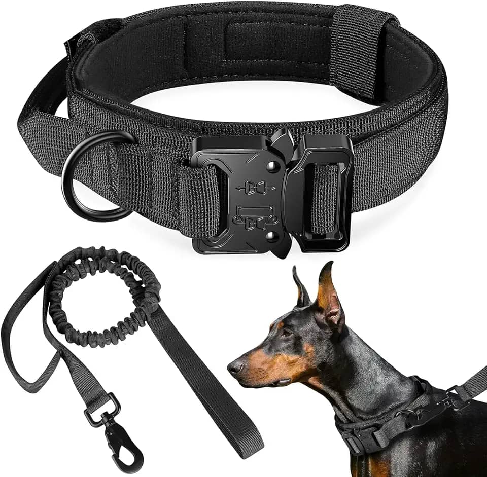 Coleira e guia táticas para cães, coleira de nylon para treinamento ajustável com alça de controle para cães de médio e grande porte para treinamento diário e caminhadas（M/Preto/Com Guia）