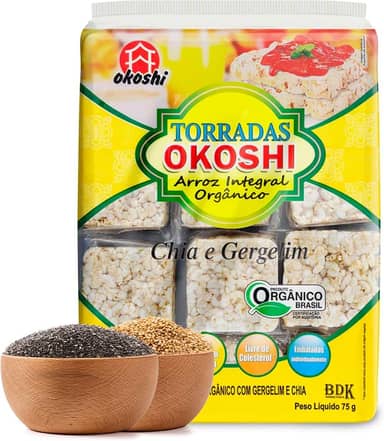 OKOSHI - Torrada de Arroz Integral Orgânico - Bolacha de arroz, Snacks Fit de Baixa Caloria - Vegano, Sem Açúcar, Baixo Sódio, Sem Glúten, Sem Lactose, Sem Gordura Trans, Kosher - 75g - Chia e Gergilin