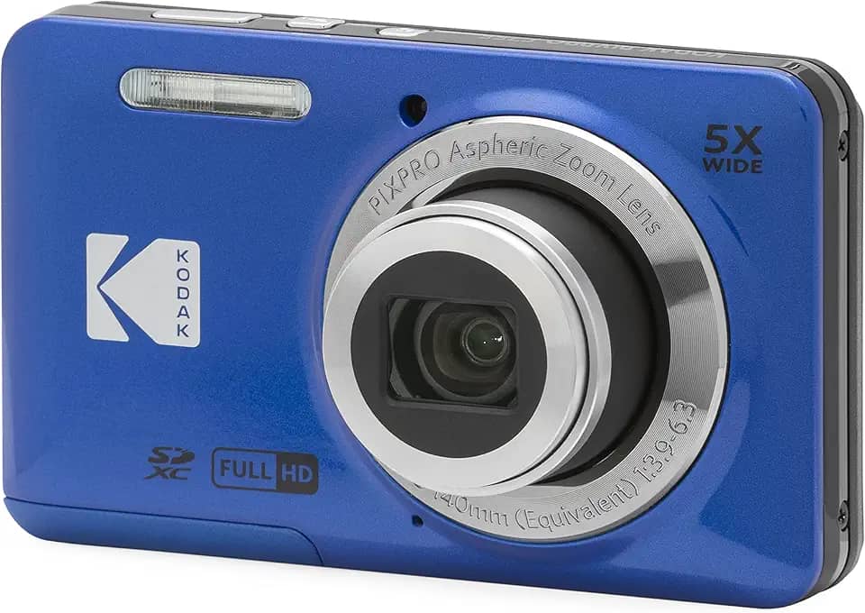 KODAK Câmera digital PIXPRO FZ55-BL de 16 MP, zoom óptico de 5x, ângulo amplo de 28 mm, 1080p, bateria de íon de lítio Full HD, câmera de vlogging LCD de 2,7 polegadas (azul)