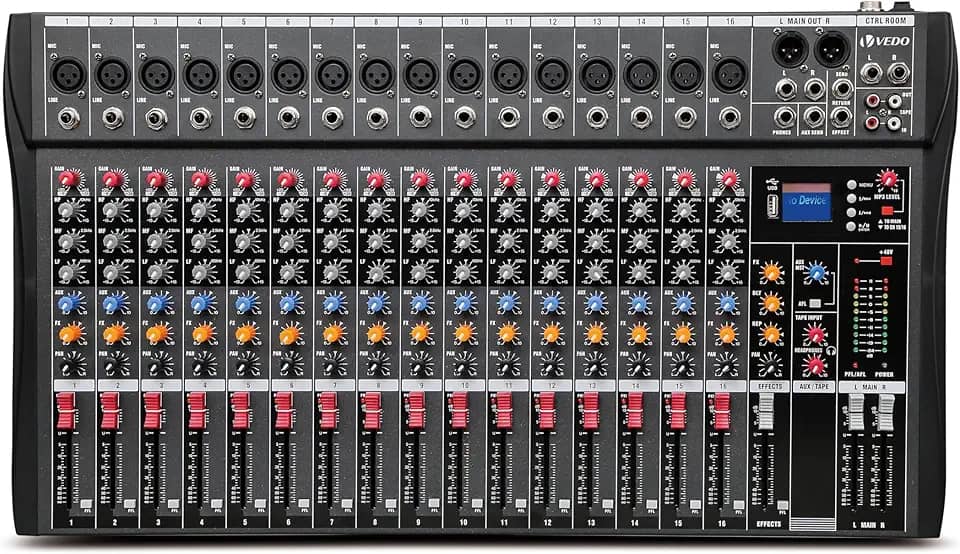 VDA216L Mixer Profissional 16 Canais para Shows ao Vivo, Karaokê - USB/Bluetooth, Efeito de Reverb, Saída de Monitoração, Controle de Som de Estúdio e Palco (Alimentação 110V/220V)